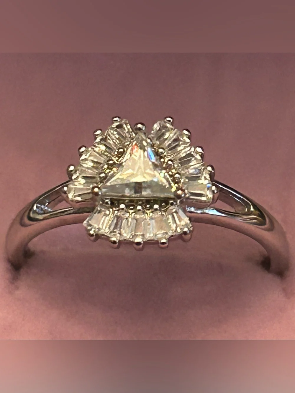 Triangular & Baguette Cut Halo Moissanite Ring in Sterling Silver Size 8.50